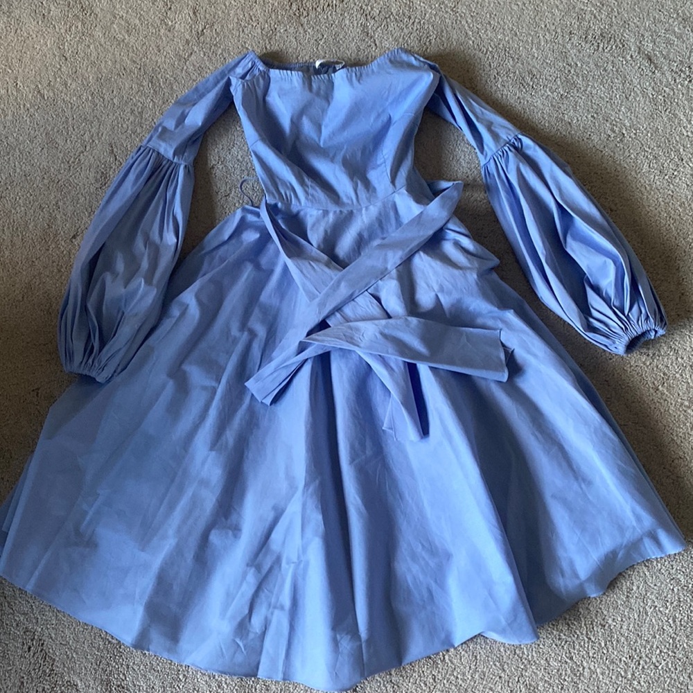 Caroline Constas blue off the shoulder dress.